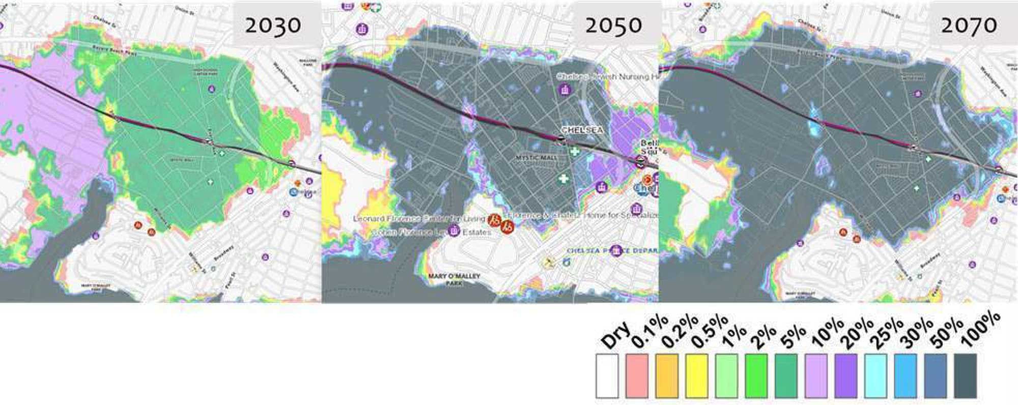 MC-FRM Annual Coastal Flood Exceedance Probabilities for 2030, 2050, and 2070 Source: Woods Hole Group, 2023